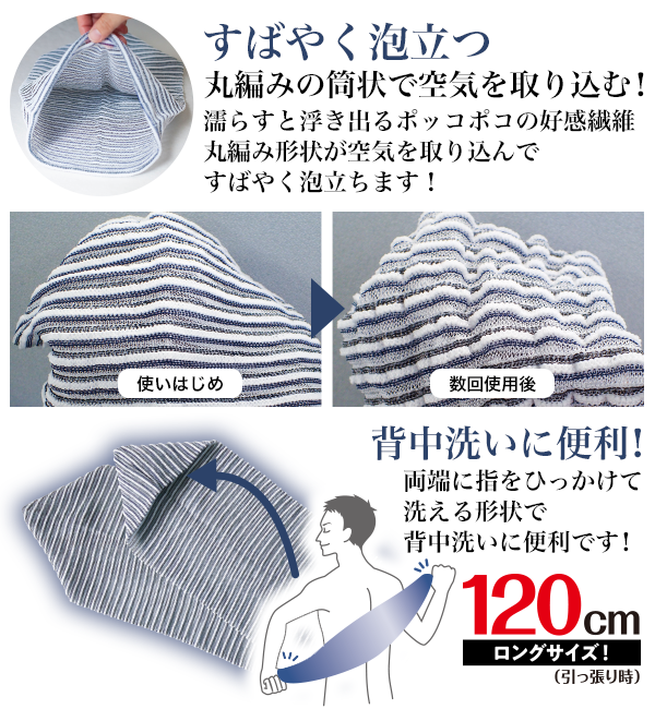 すばやく泡立つ　丸編みの筒状で空気を取り込む！濡らすと浮き出るポッコポコの好感繊維　丸編み形状が空気を取り込んですばやく泡立ちます！背中洗いに便利！両端に指をひっかけて洗える形状で背中洗いに便利です！120cmロングサイズ！（引っ張り時）