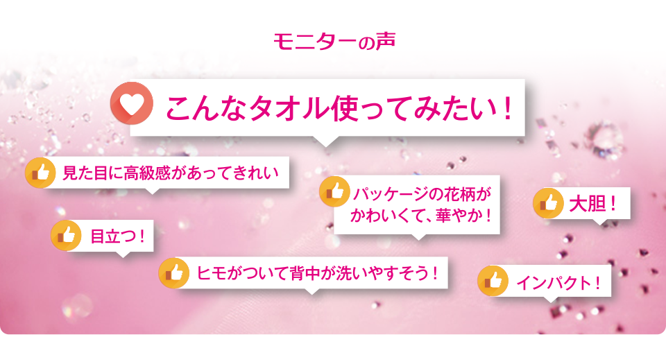 モニターの声　こんなタオル使ってみたい！　見た目に高級感があってきれい　パッケージの花柄がかわいくて、華やか！　大胆！　目立つ！　ヒモがついて背中が洗いやすそう！　インパクト！