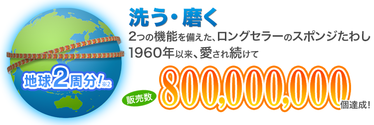 洗う・磨く　2つの機能を備えた、ロングセラーのスポンジタワシ　1960年以来、愛され続けて　販売数700,000,000個達成！